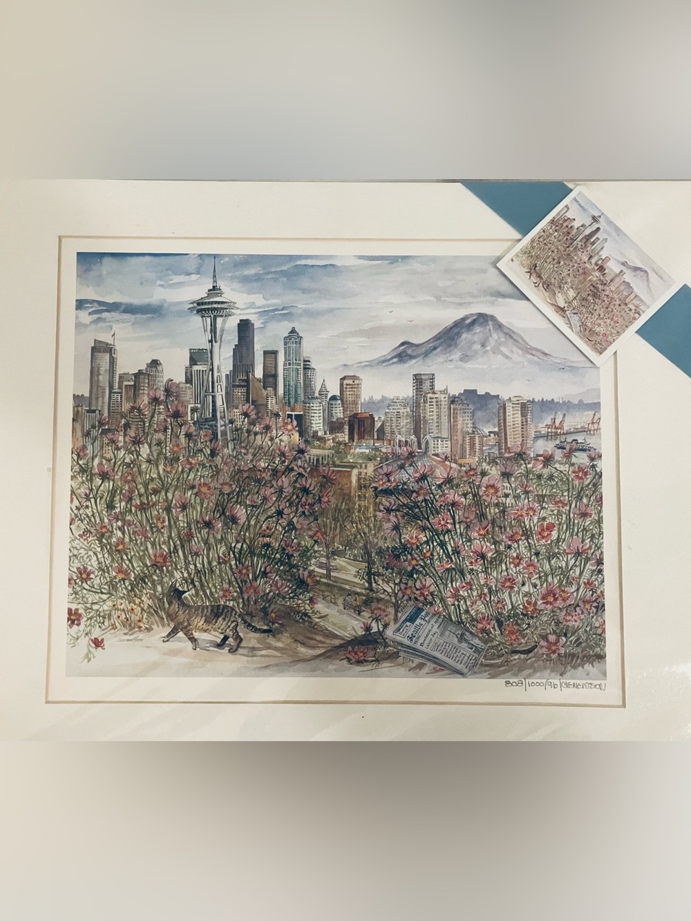 Sarah Clementson Yaeger Seattle Skyline Limited Edition Watercolor Matted Print